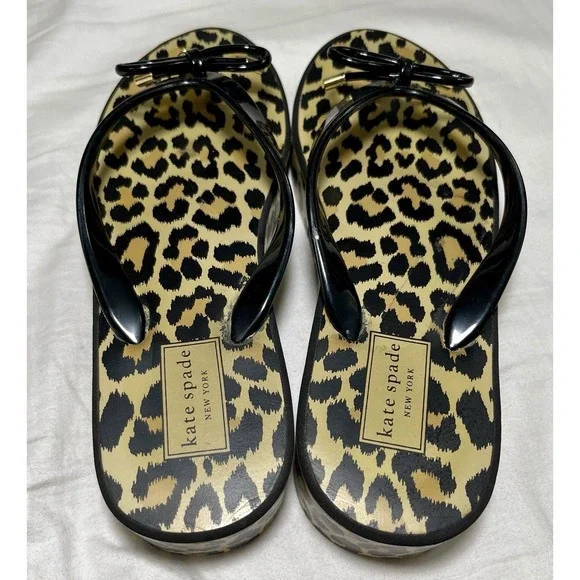 KATE SPADE Leopard Flip Flops Platform Sandal Black Bow Womens 7M New Logo Charm - Picture 6 of 9